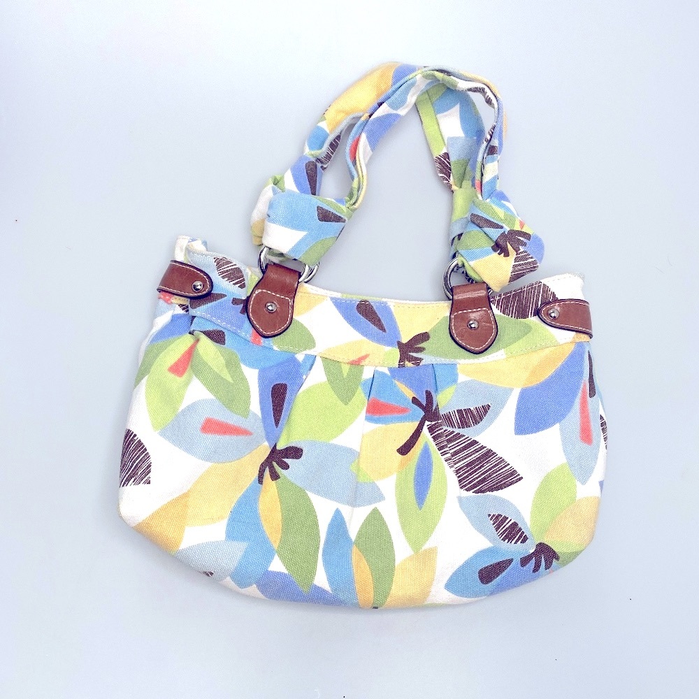 Croft & Borrow Blue Green Floral Fabric Shoulder Bag With Faux Leather Trim - Picture 1 of 6